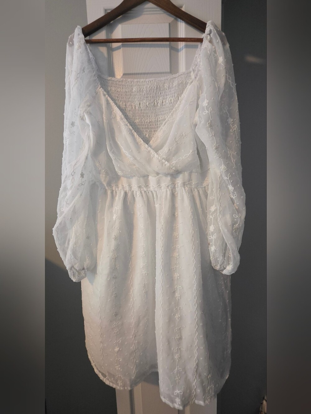 White Puff-Sleeve V-Neck Mini Dress
